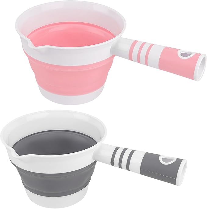 2 Pack Folding Water Ladles Collapsible Scoop Cup Kitchen Ladle for Bathroom (Black & Pink)